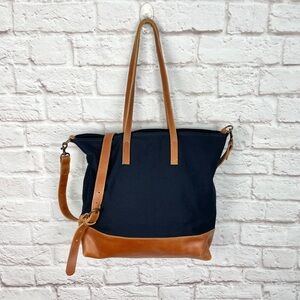Able Navy Canvas Tote with Tan Leather Trim and Strap